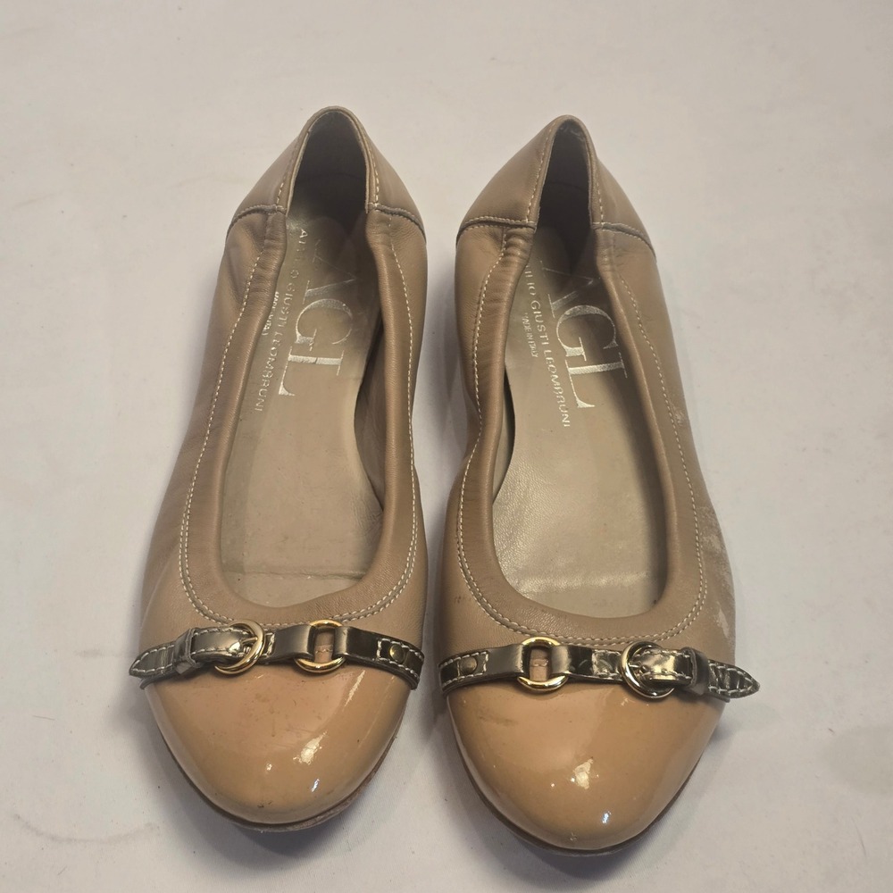 AGL‎ Attilio Giusti Leombruni Tan Leather Patent Cap Toe Ballet Flats Size 39